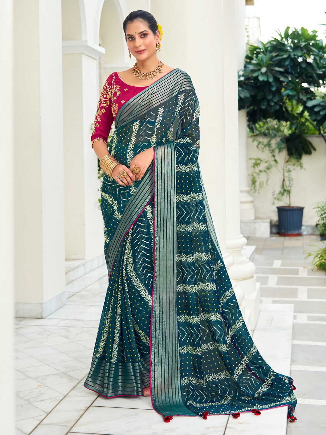 

Saree mall Bandhani Pure Chiffon Sarees, Teal