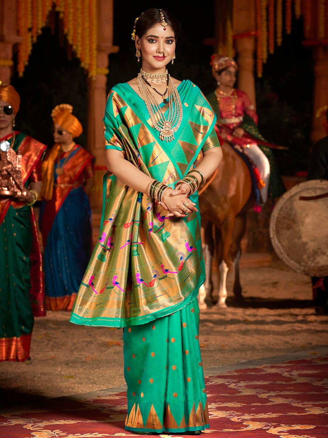 

Saree mall Woven Design Zari Silk Paithani Sarees, Sea green