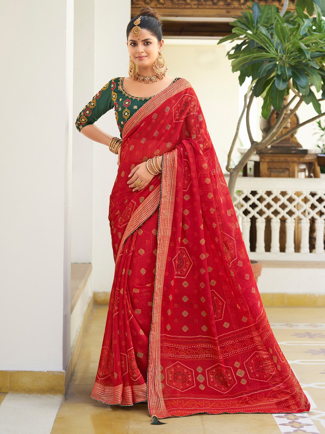 

Saree mall Bandhani Zari Poly Chiffon Sarees, Red