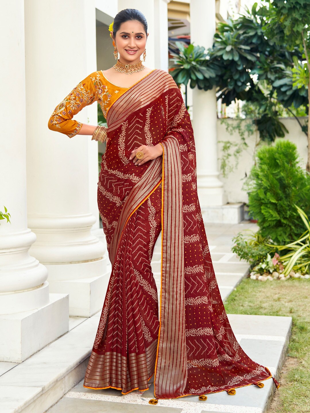 

Saree mall Bandhani Zari Poly Chiffon Sarees, Maroon