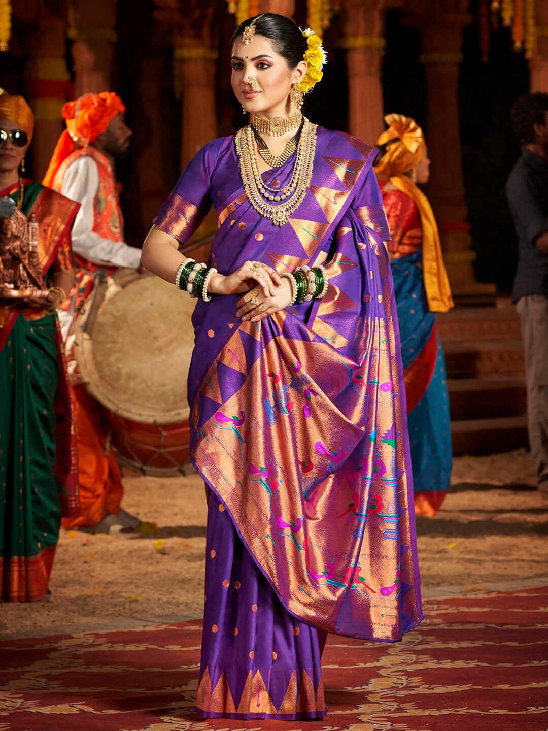

Saree mall Woven Design Zari Silk Blend Paithani Sarees, Purple
