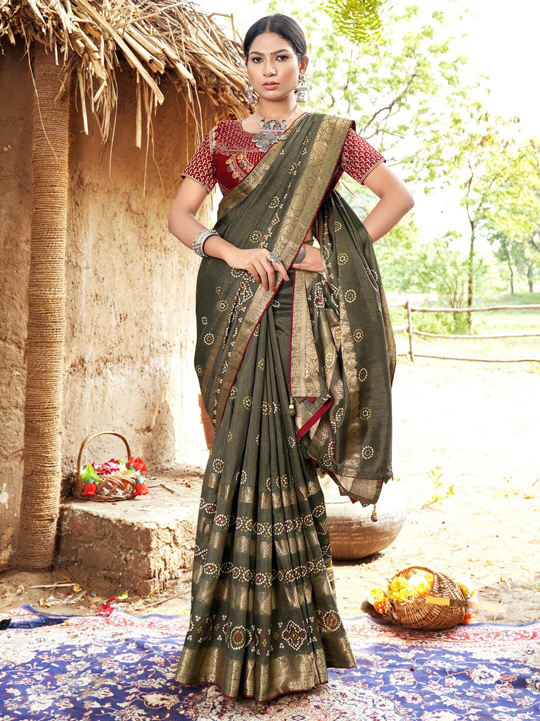 

Saree mall Woven Design Zari Silk Sarees, Olive