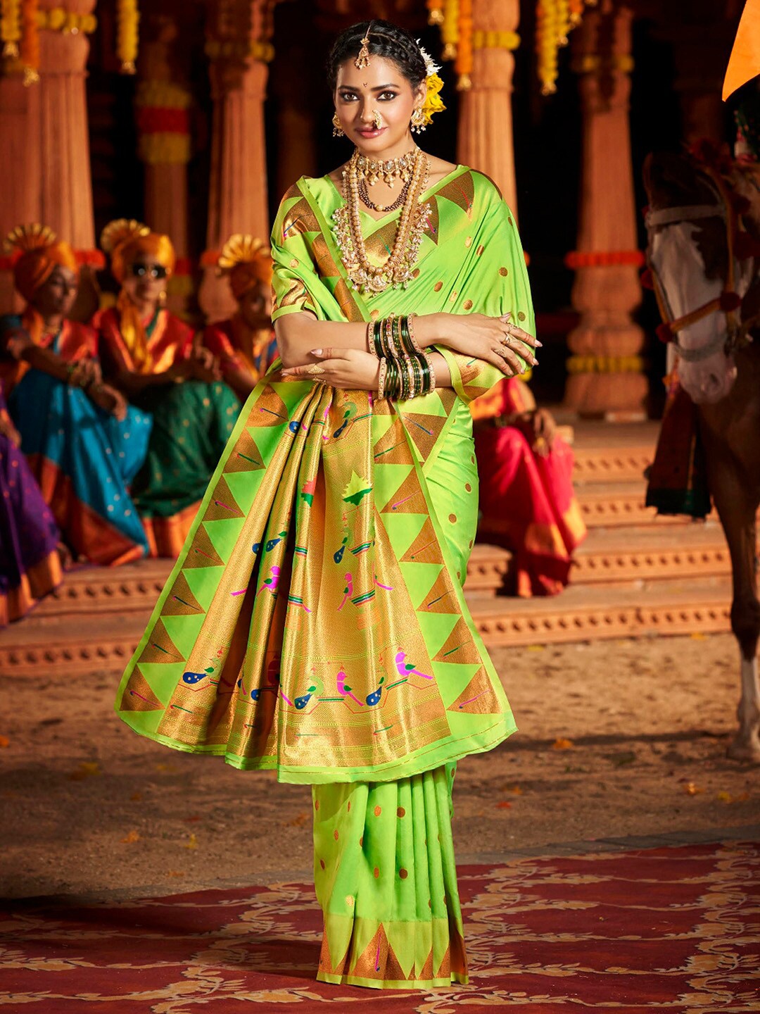 

Saree mall Woven Design Zari Silk Blend Paithani Sarees, Green