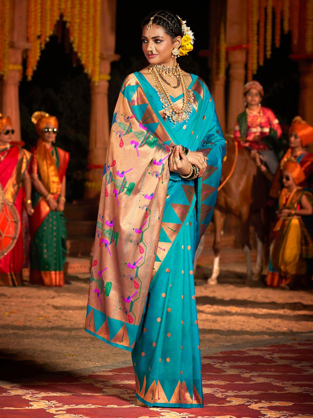 

Saree mall Woven Design Zari Silk Paithani Sarees, Blue