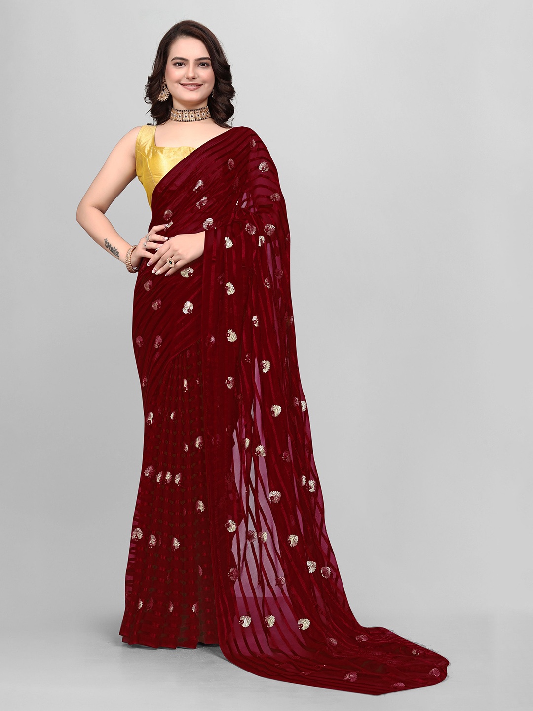 

Avojee Ethnic Motifs Embroidered Saree, Maroon