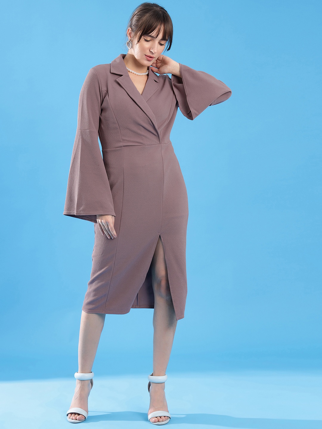 

Selvia Long Sleeves V-Neck Wrap Midi Dress, Mauve