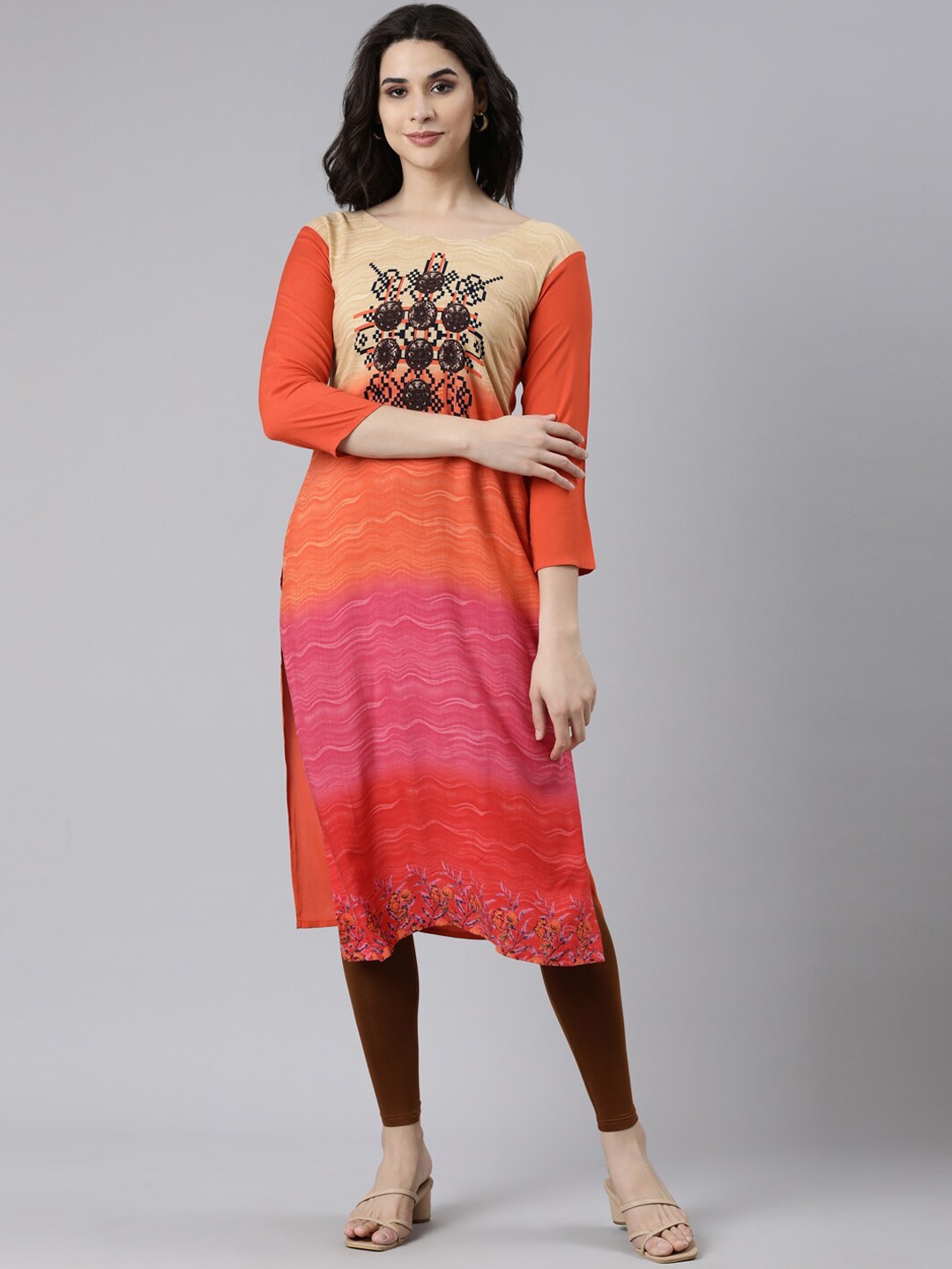 

Souchii Chevron Embroidered Flared Sleeves Thread Work Grandeur & Majestic Artwork Kurta, Orange