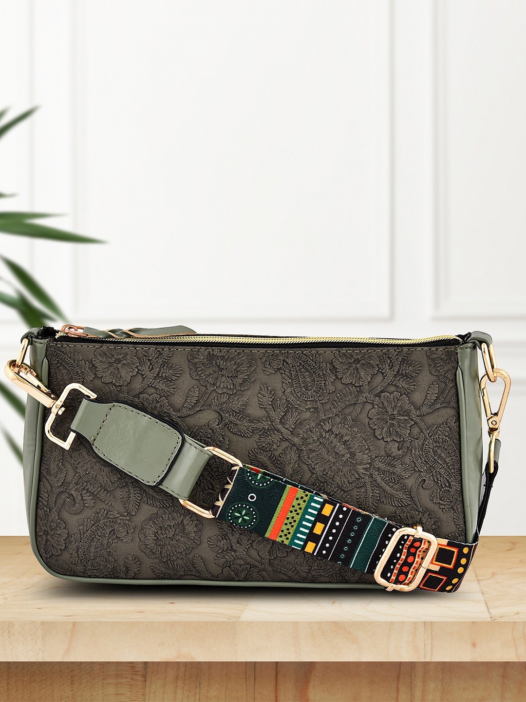 

DressBerry Green Floral Embroidered Baguette Sling Bag