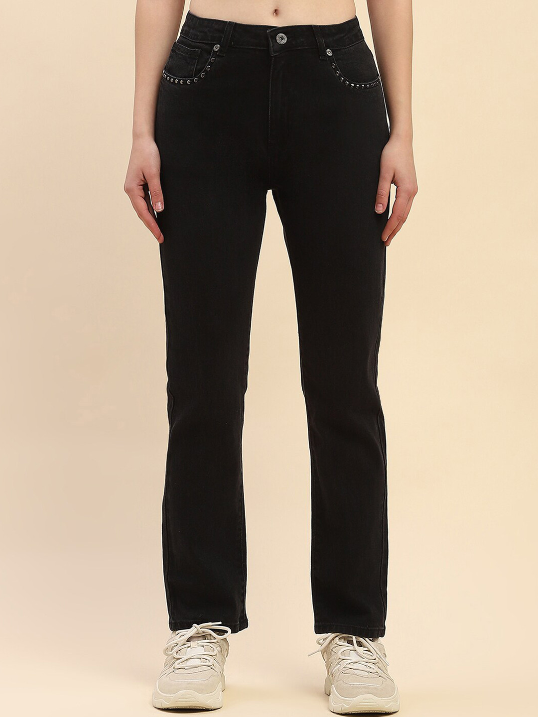 

CAMLA Women Slim Fit Mid-Rise Clean Look Cotton Jeans, Black