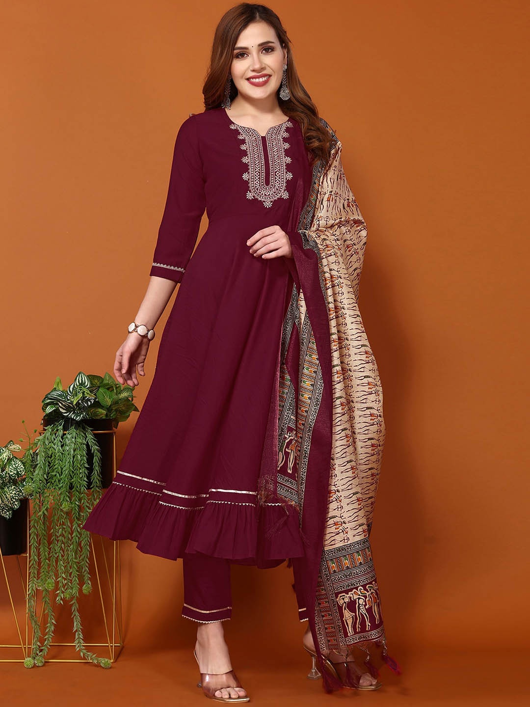 

KALINI Ethnic Motifs Embroidered Anarkali Kurta With Trousers & Dupatta, Maroon