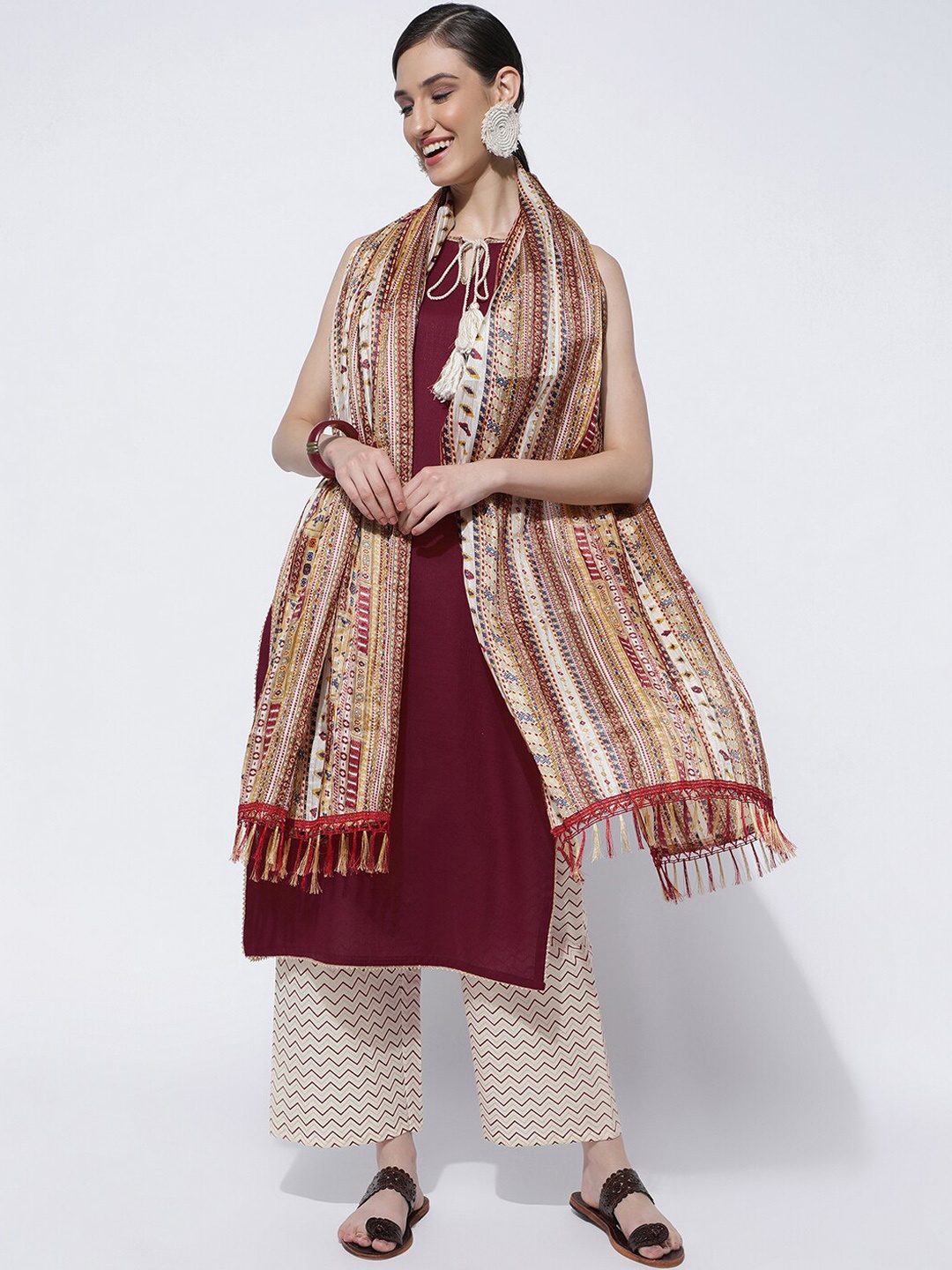 

KALINI Keyhole Neck Straight Gotta Patti Kurta with Palazzos & Dupatta, Maroon
