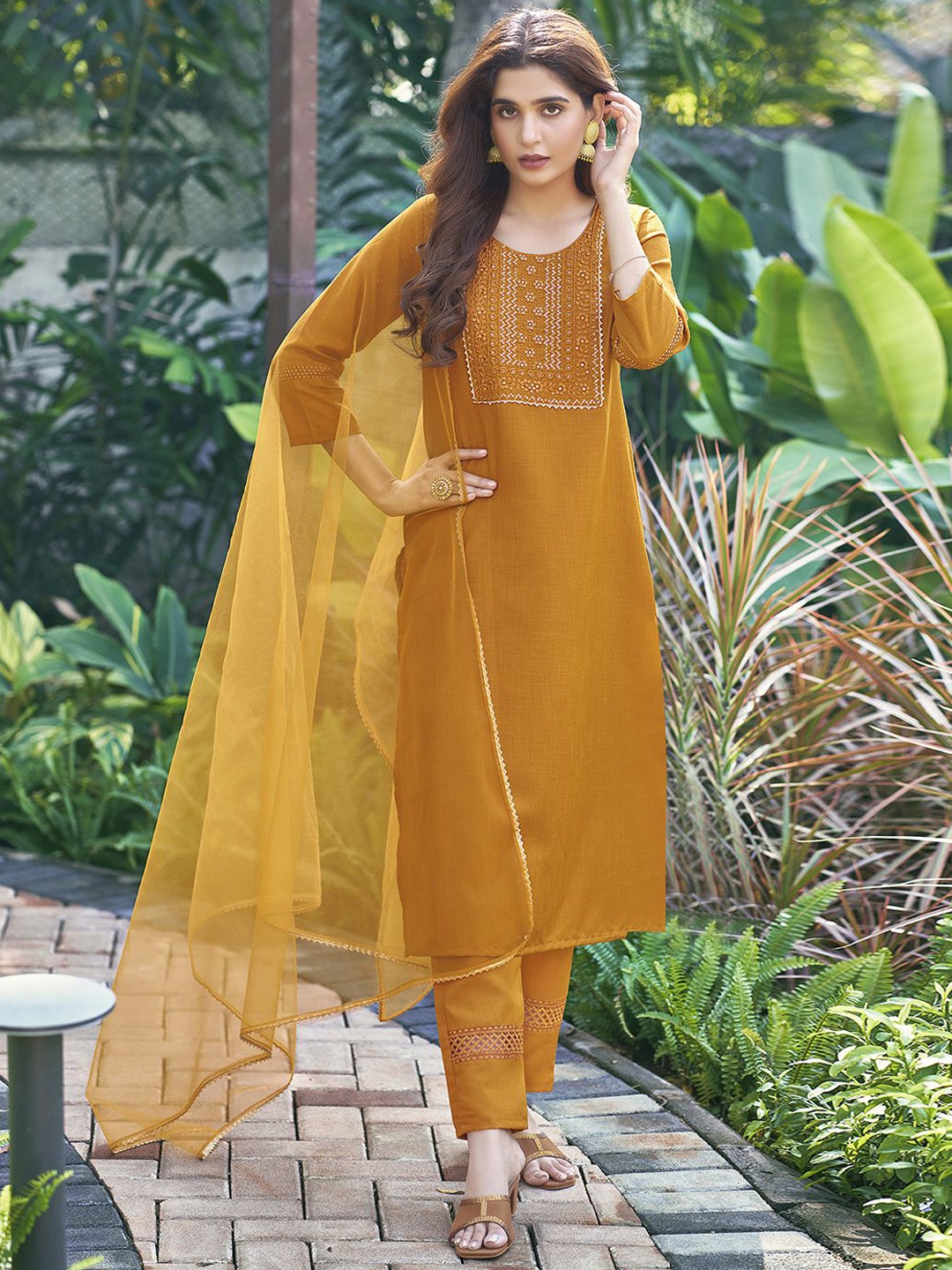 

KALINI Floral Embroidered Sequinned Straight Kurta with Trousers & Dupatta, Mustard