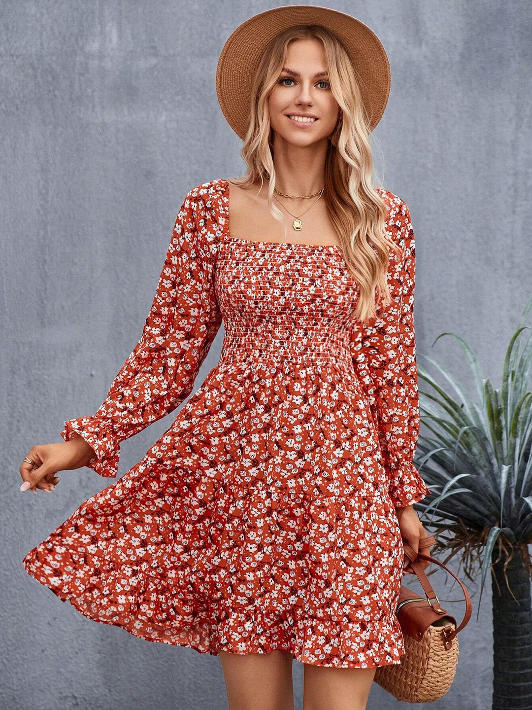 

Urban Komfort Floral Print Crepe Fit & Flare Dress, Red
