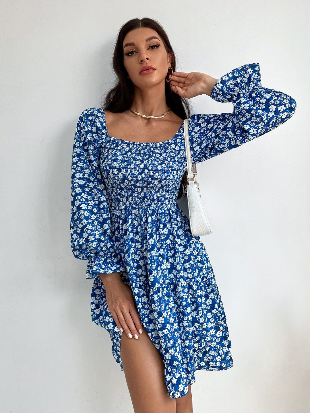 

Urban Komfort Floral Print Puff Sleeve Crepe Fit & Flare Dress, Blue