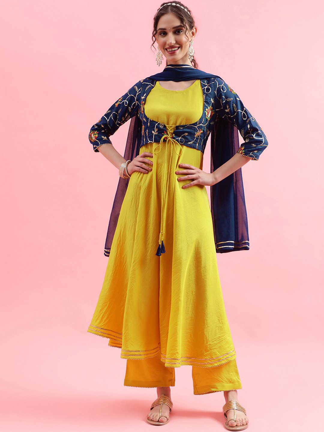 

SKYLEE Blue & Yellow Embroidered Empire Sequinned Kurta with Palazzos & Dupatta
