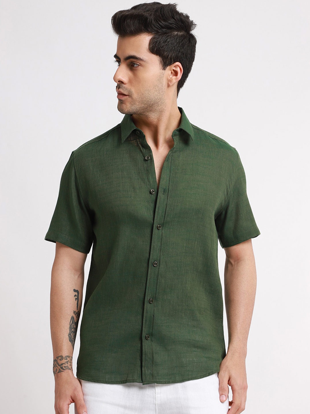 

Banana Club Spread Collar Linen Casual Shirt, Green