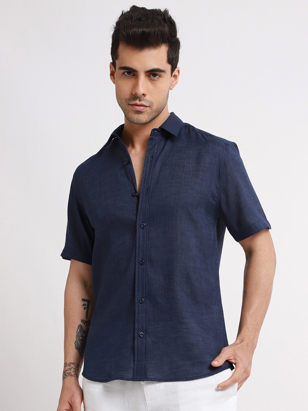 

Banana Club Classic Spread Collar Short Sleeves Linen Regular Fit Casual Shirt, Blue