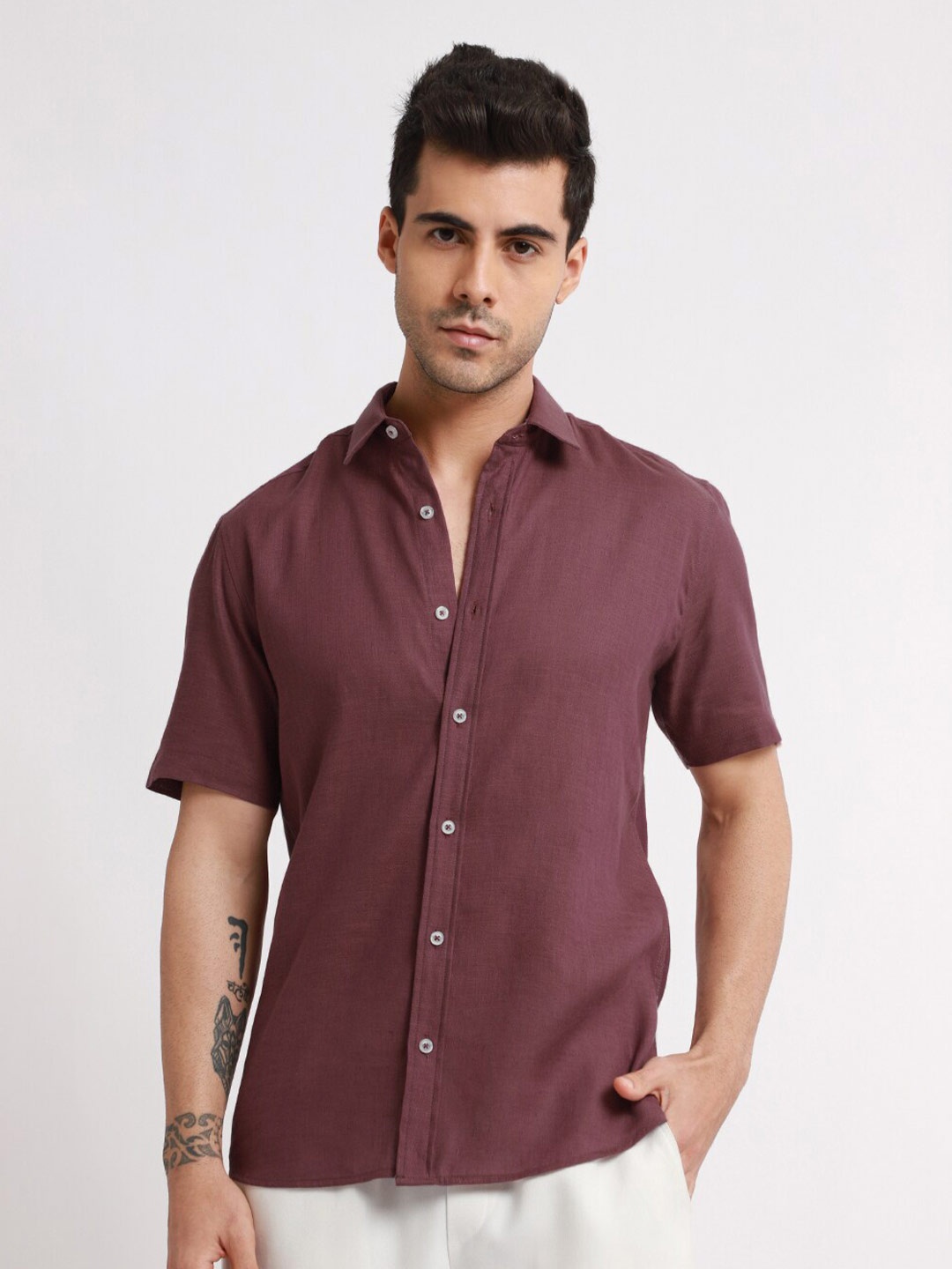 

Banana Club Spread Collar Linen Casual Shirt, Violet