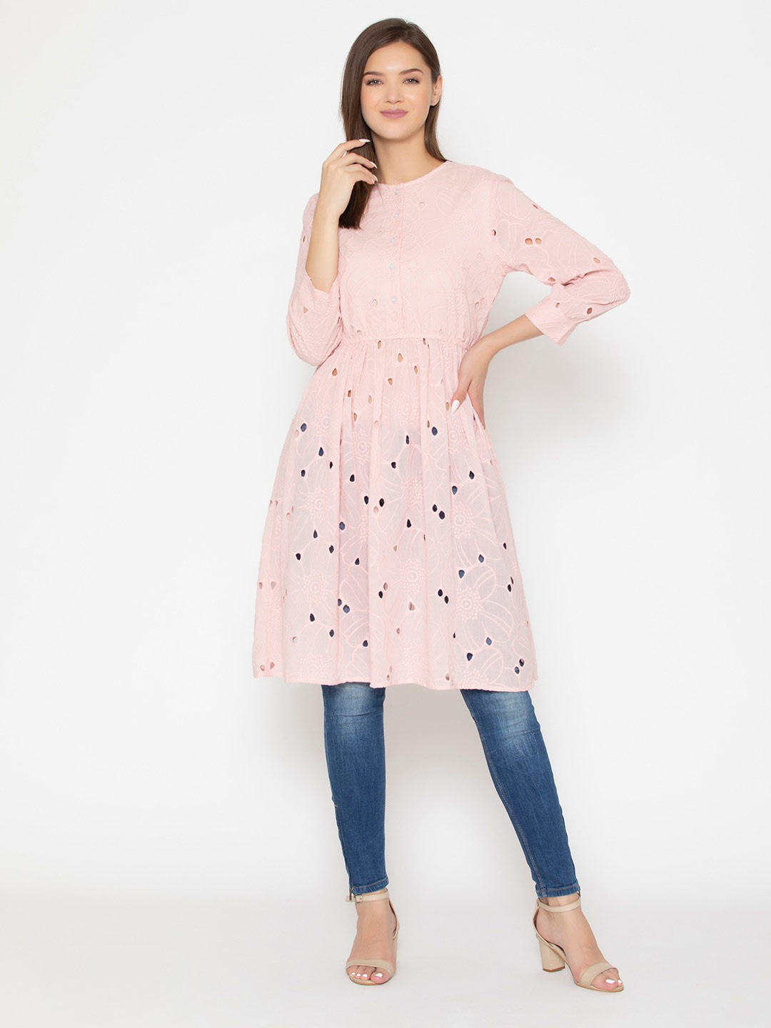 

SANASH Collections Floral Print Round Neck Cotton Fit & Flare Dress, Pink