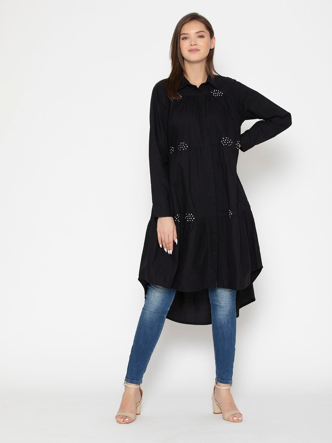 

SANASH Collections Long Sleeves Shirt Collar Cotton Dress, Black