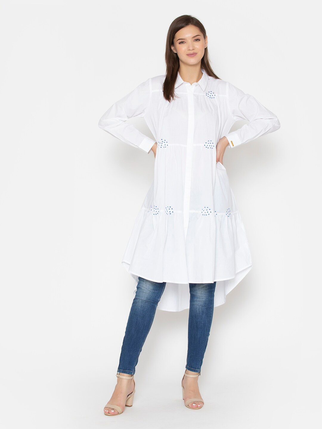 

SANASH Collections Bell Sleeve Shirt Collar Cotton Dress, White