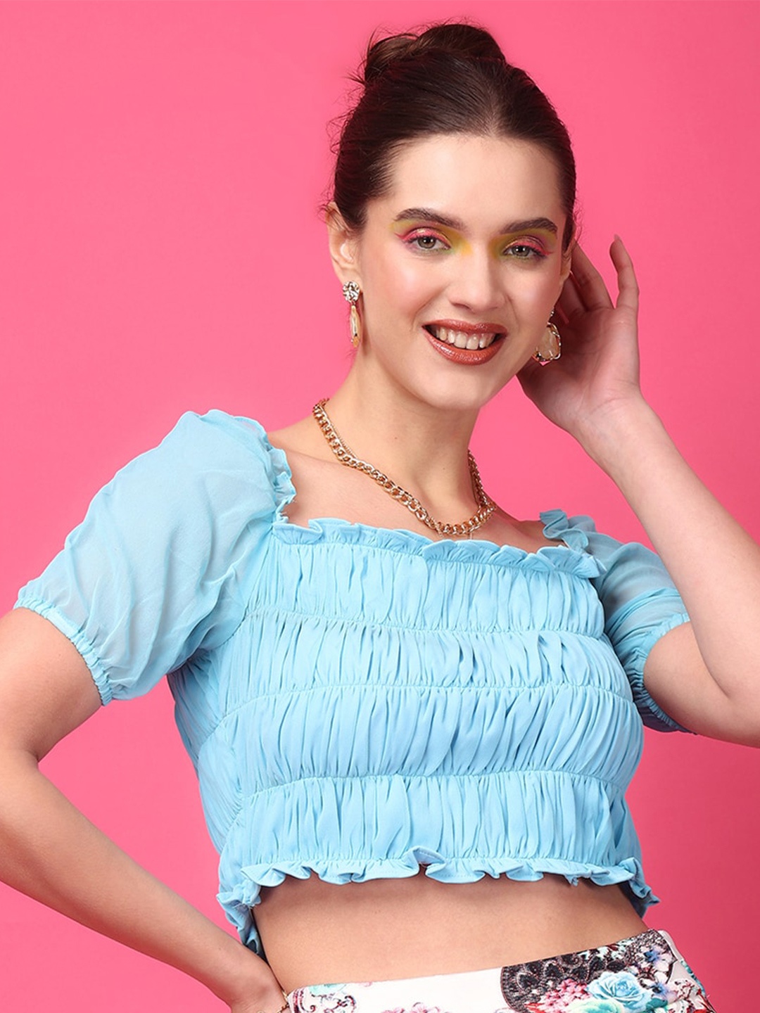 

MINOS Square Neck Georgette Fitted Crop Top, Blue