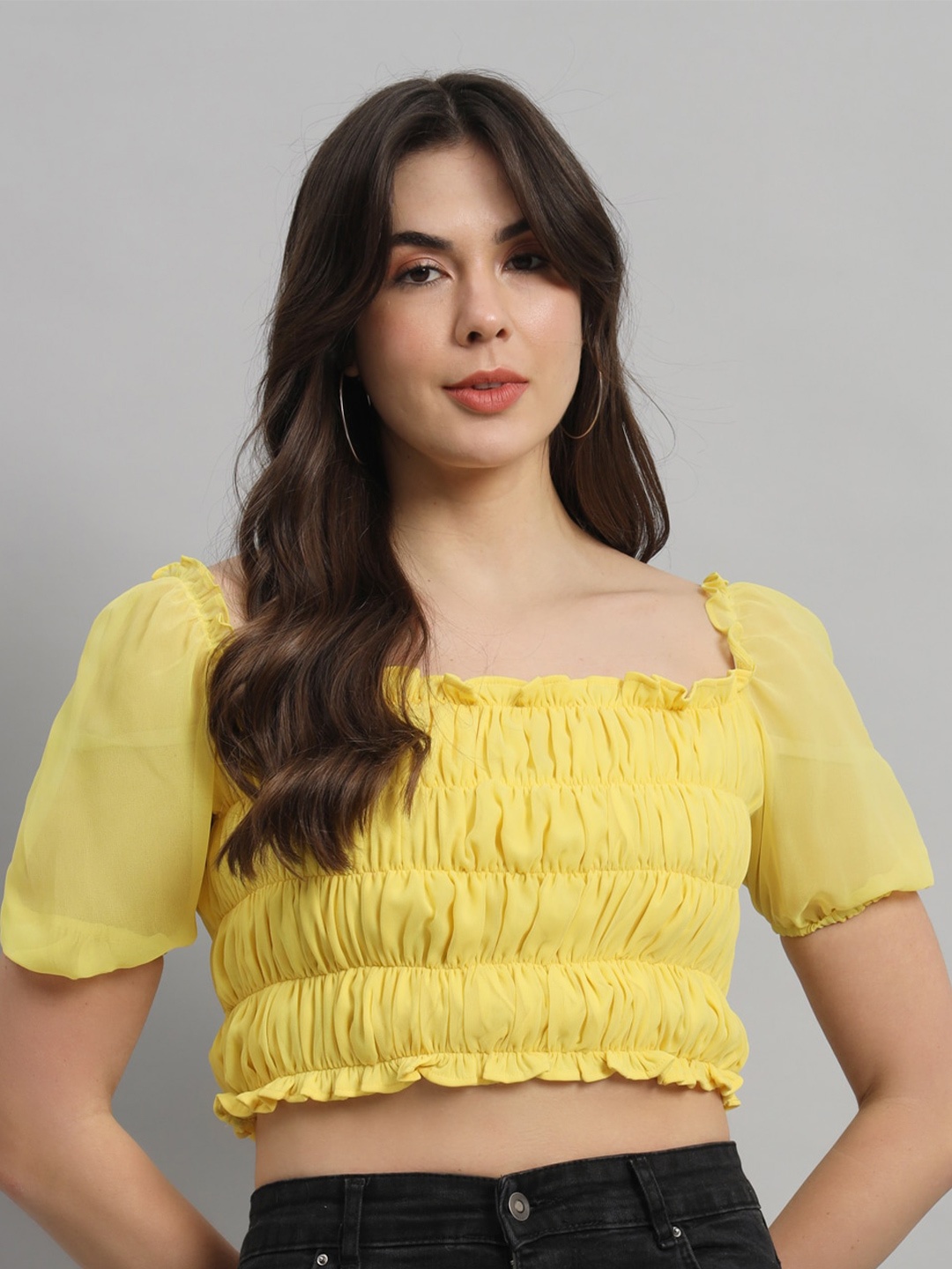 

MINOS Square Neck Puff Sleeve Georgette Crop Top, Yellow