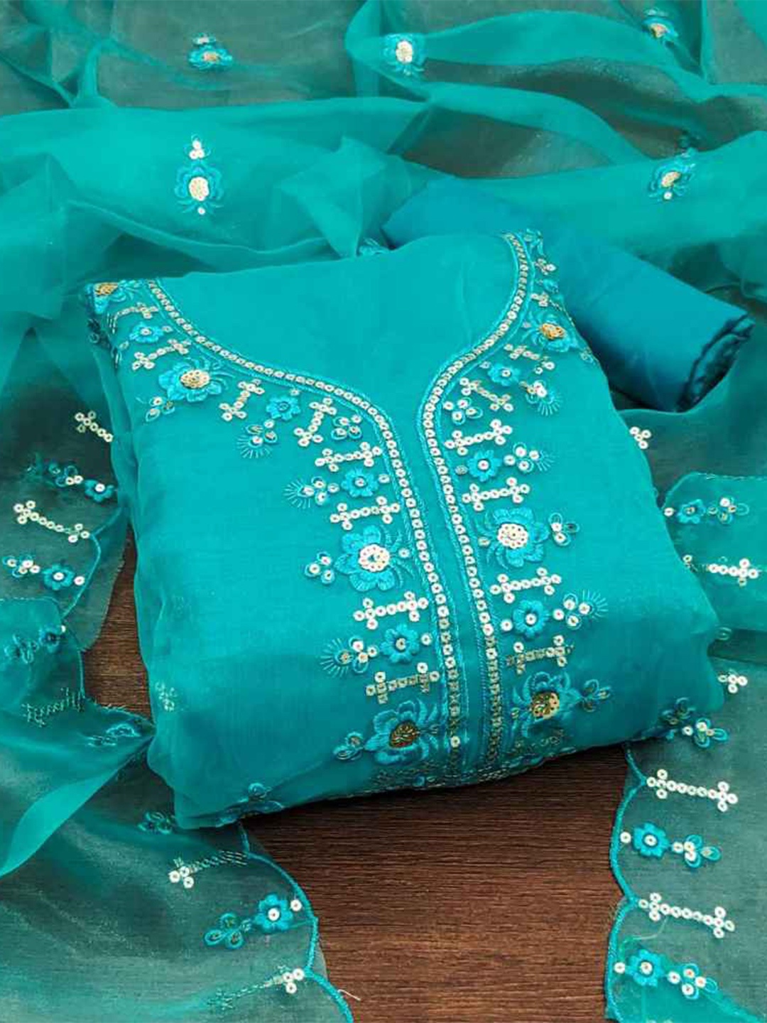

faxofab Ethnic Motifs Embroidered Sequinned Unstitched Dress Material, Blue