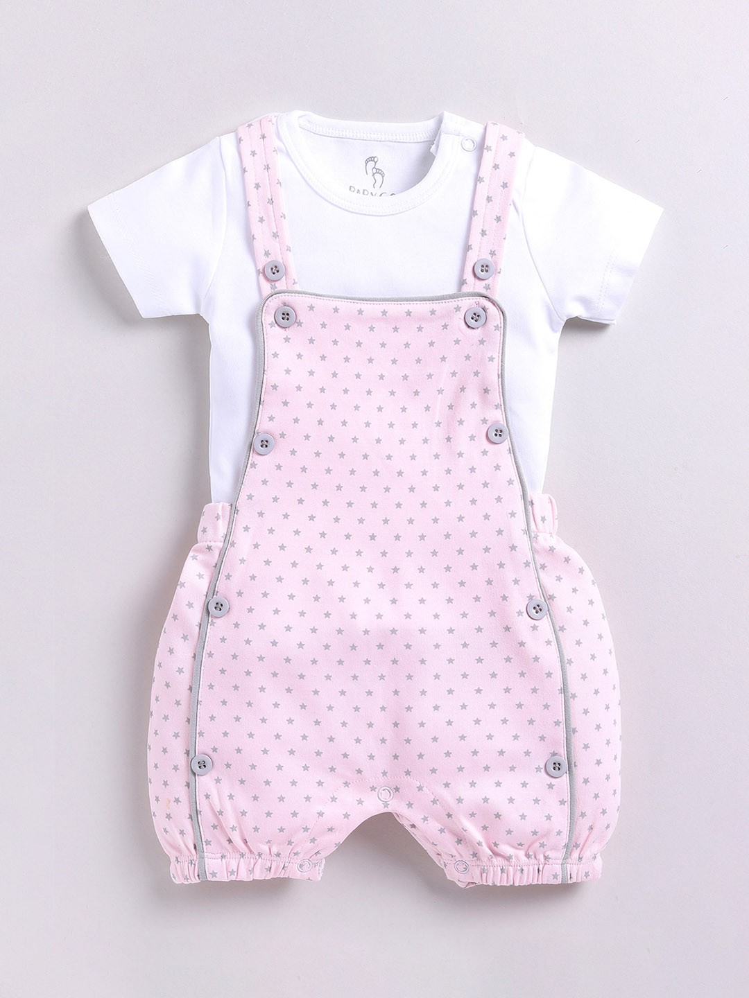 

BABY GO Infant Girls Geometric Printed Pure Cotton Dungaree with T-shirt, Pink