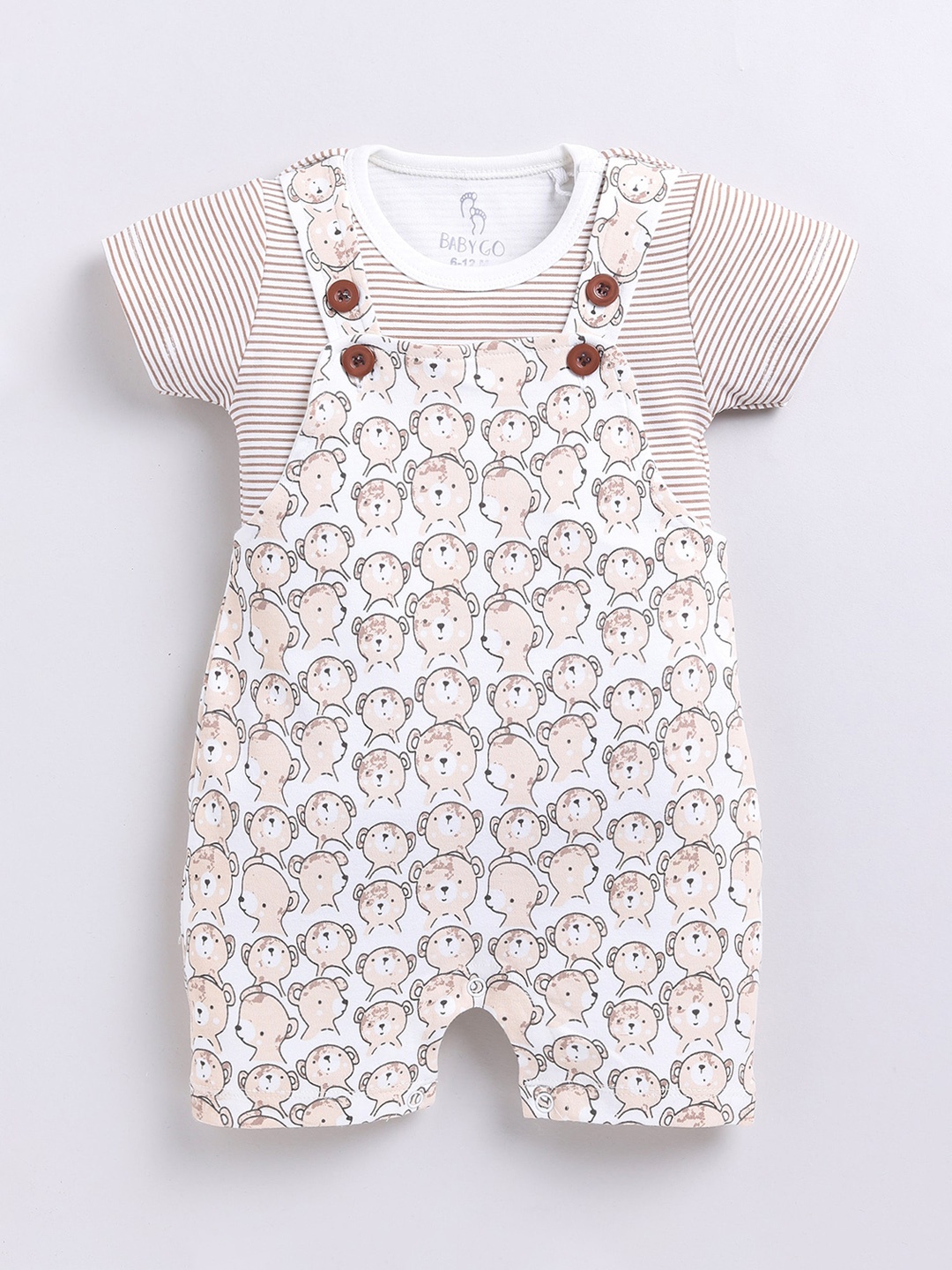 

BABY GO Infant Boys Conversational Printed Pure Cotton Dungaree with T-shirt, Beige