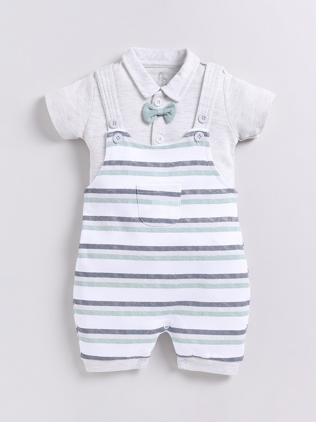 

BABY GO Infants Boys Striped Pure Cotton Dungaree with T-shirt, White