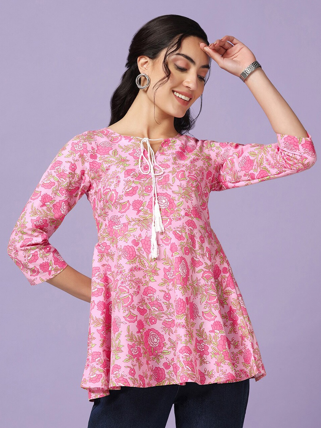 

FASHION DREAM Floral Printed Tie-Up Neck Cotton Top, Pink