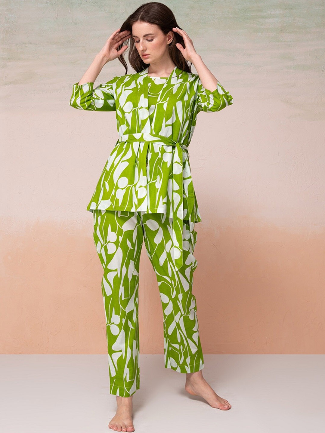 

Bannos Swagger Floral Printed Pure Cotton Night Suit, Green