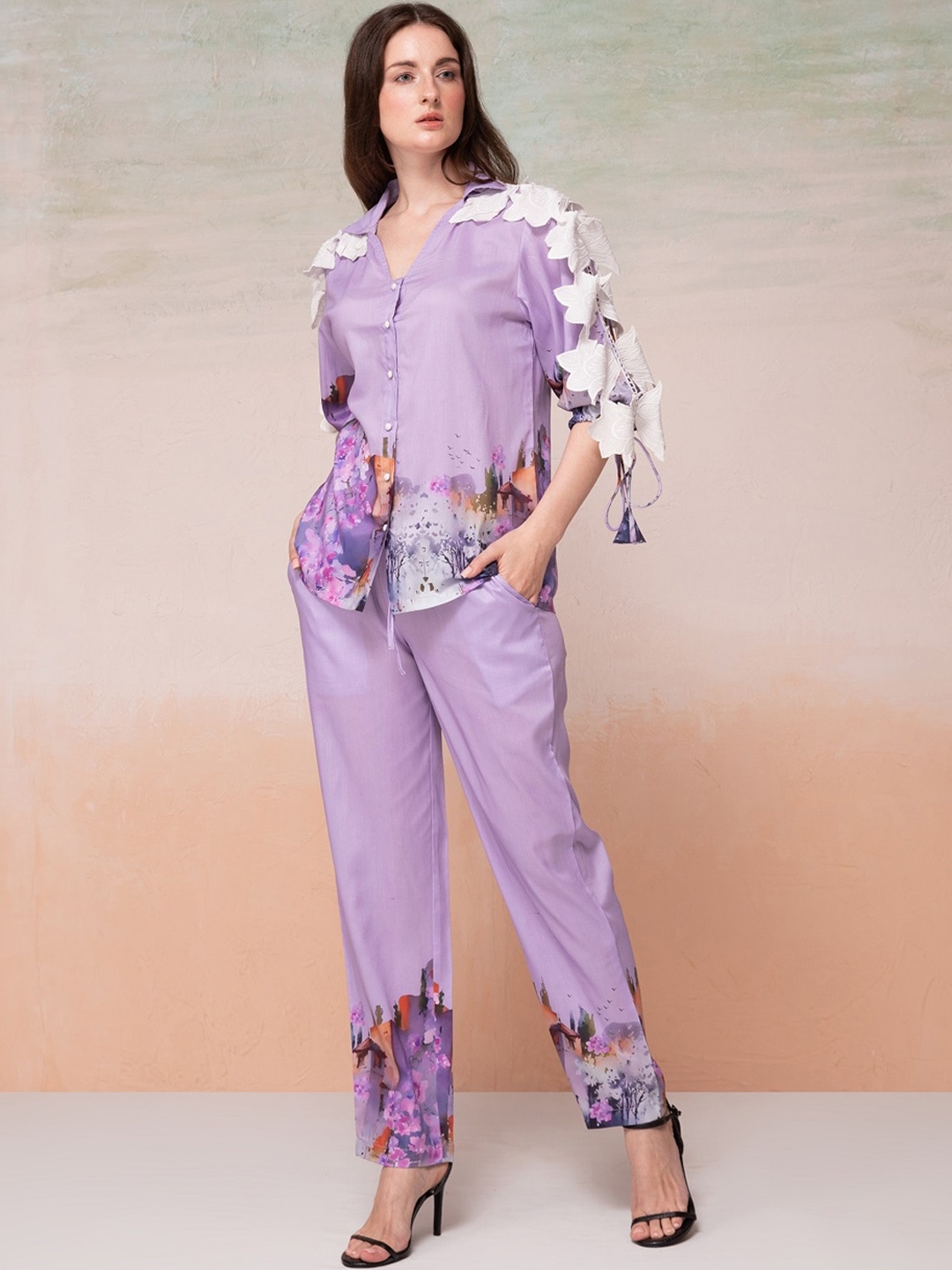 

Bannos Swagger Purple Printed Tie-Up Sleeves Shirt With Trouser