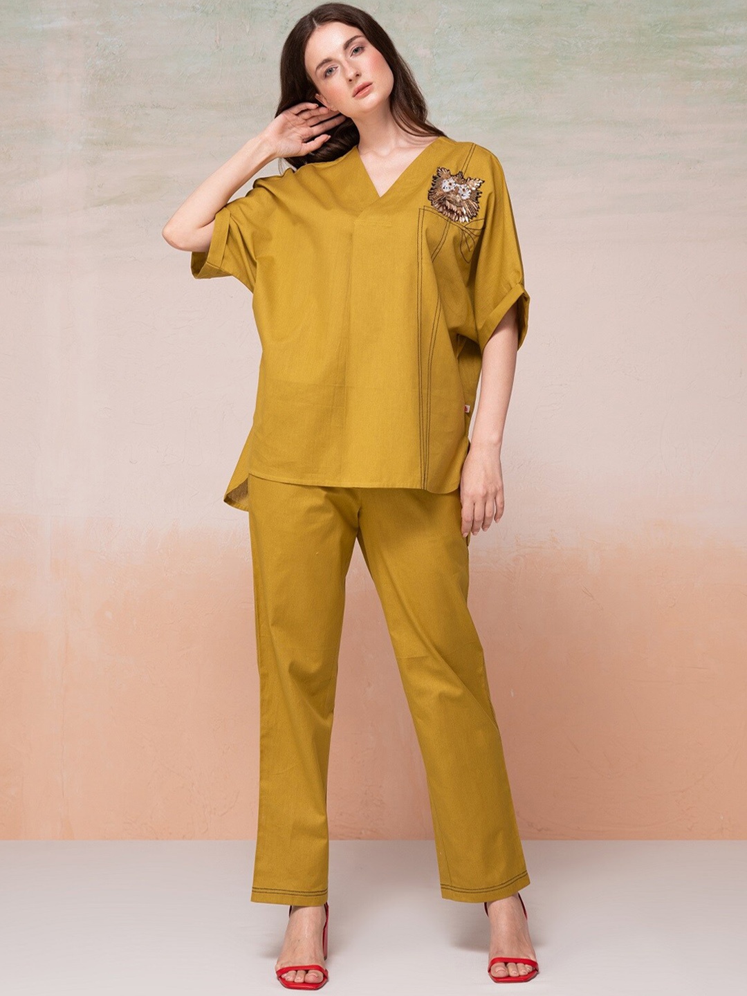 

Bannos Swagger Yellow V-Neck Embroidered Pure Cotton Top With Trousers