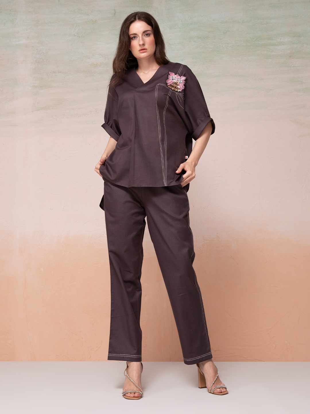 Bannos Swagger Grey Embroidered Pure Cotton Shirt With Trouser