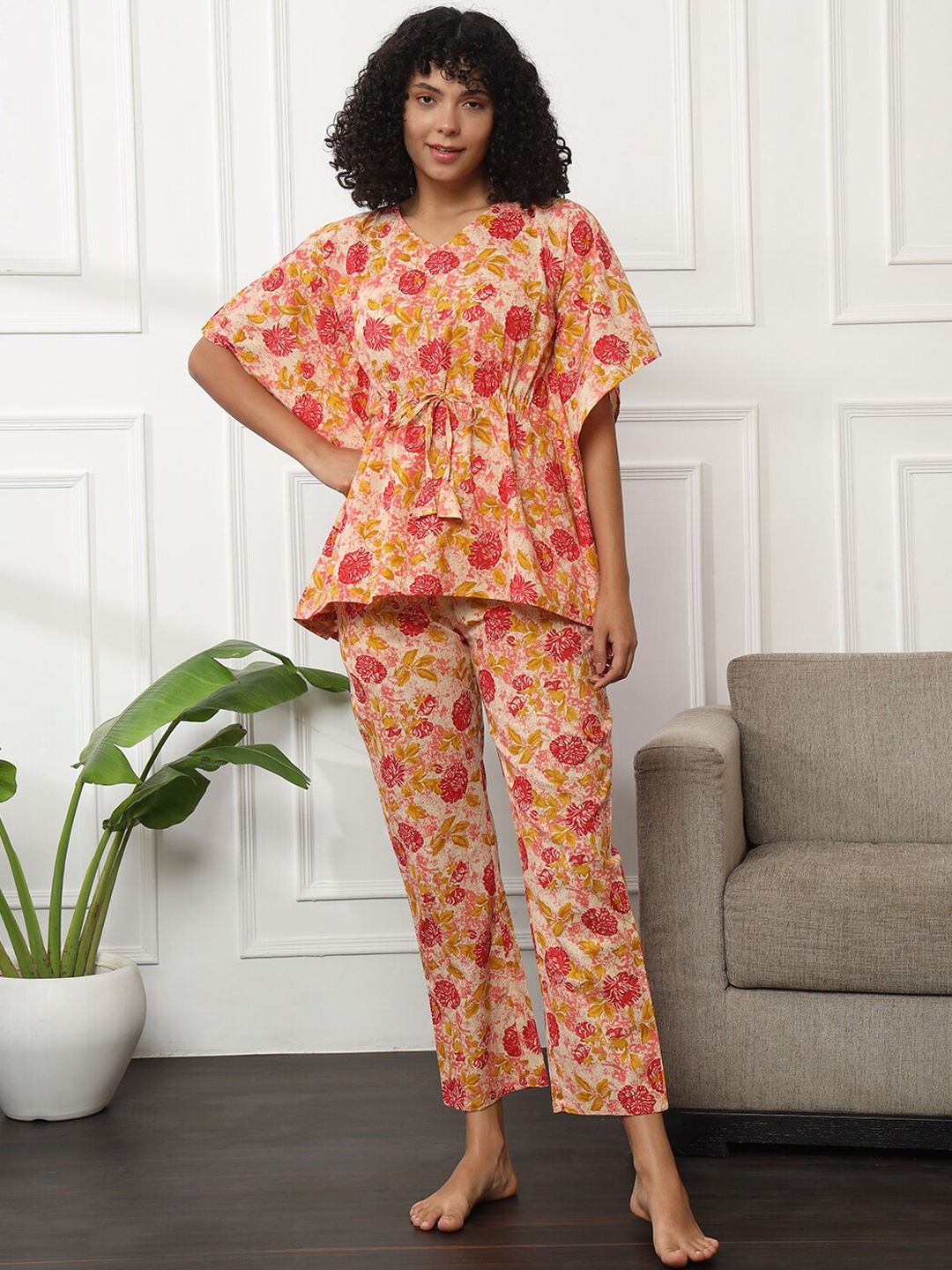 

Bannos Swagger Floral Printed Night Suit, Beige