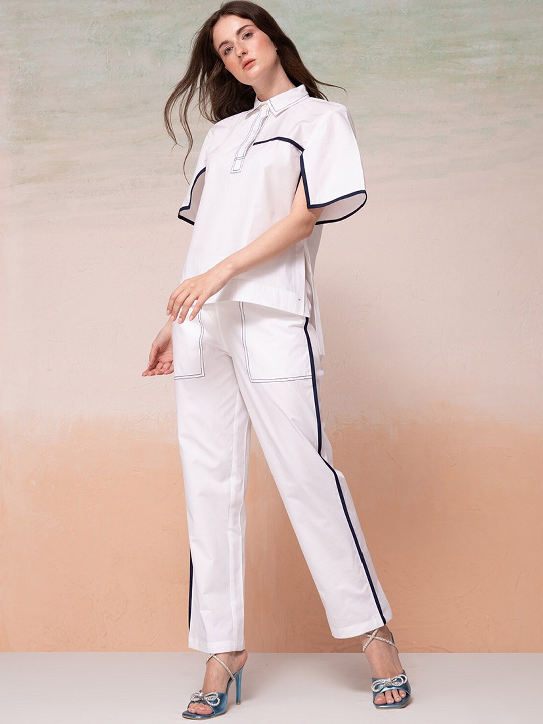 

Bannos Swagger White Slit Sleeves Pure Cotton Shirt With Trouser