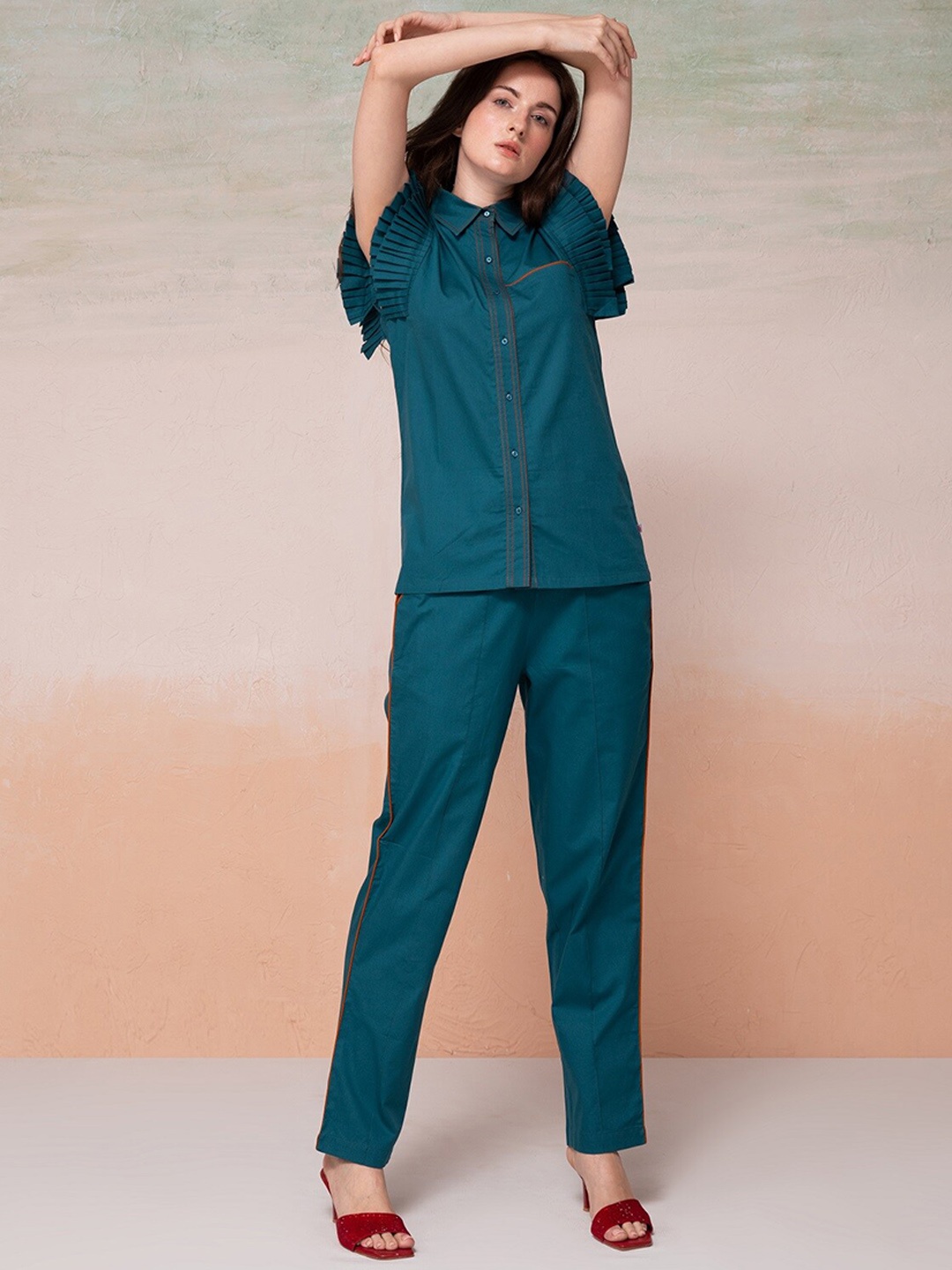 

Bannos Swagger Blue Ruffled Sleeves Pure Cotton Shirt With Trouser