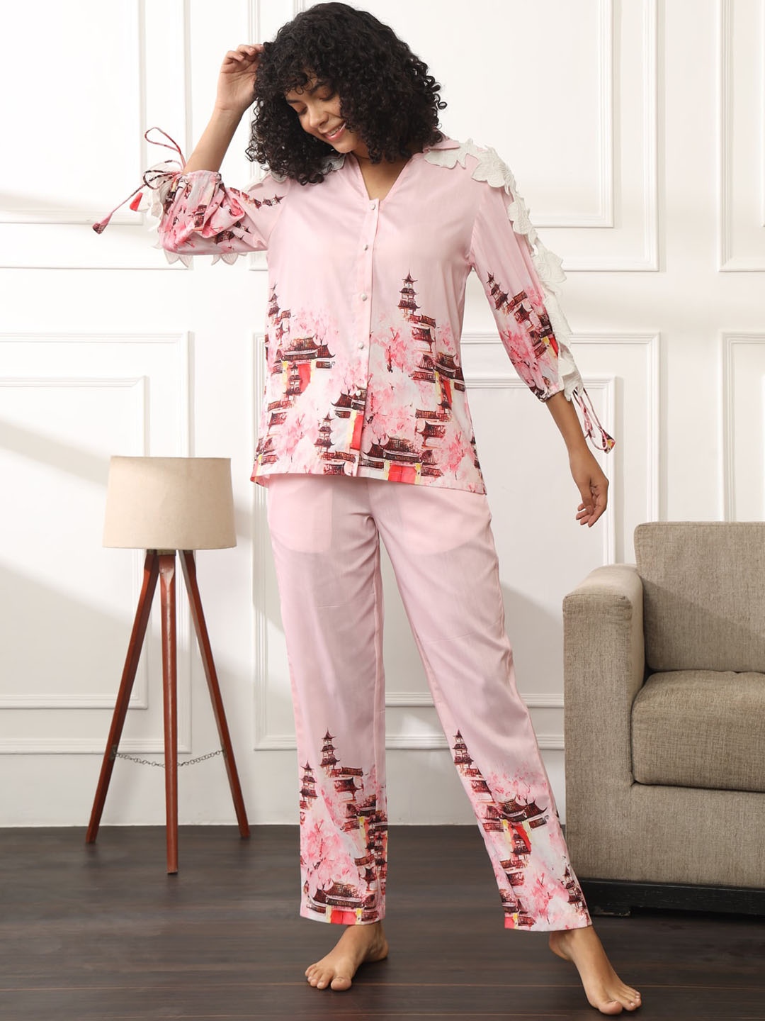 

Bannos Swagger Pink Geometric Printed Shirt Collar Pure Cotton Night Suit