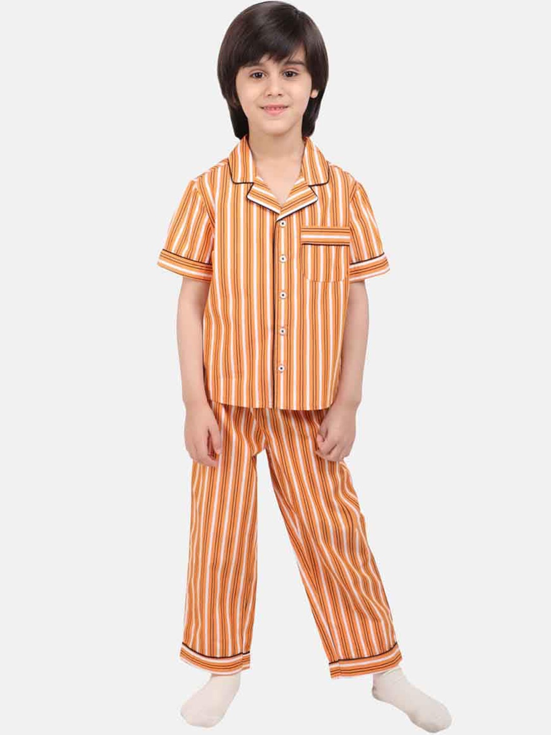 

One Friday Boys Striped Pure Cotton Night suit, Orange