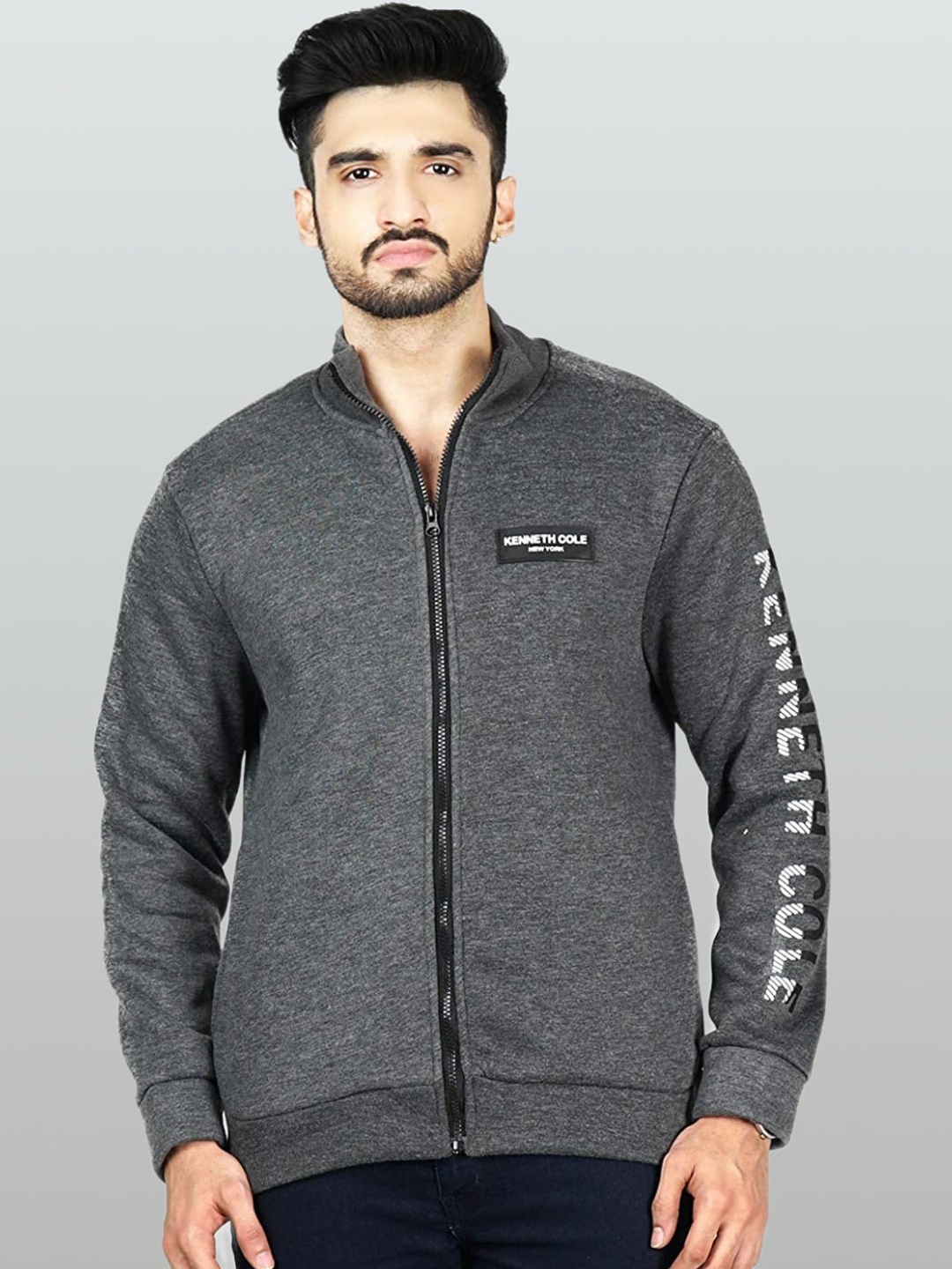 

Kenneth Cole Typography Printed Mock Collar Long Sleeves Cotton Bomber Jacket, Charcoal