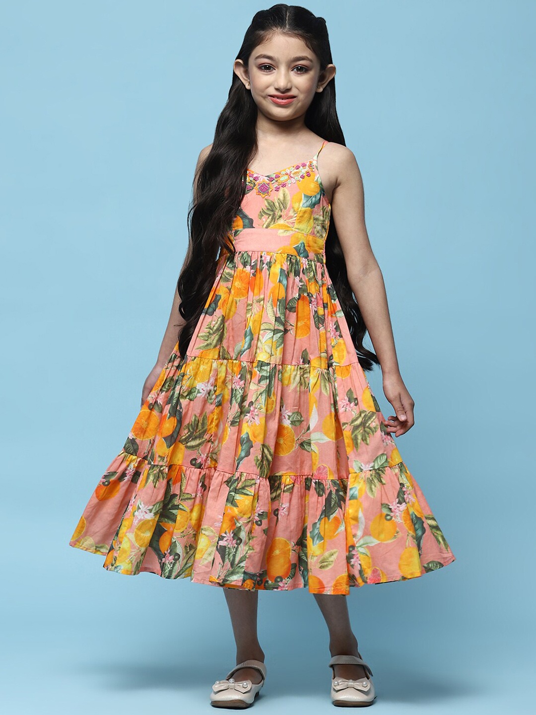 

Biba Girls Floral Print Shoulder Straps Tiered Cotton Fit & Flare Midi Dress, Yellow