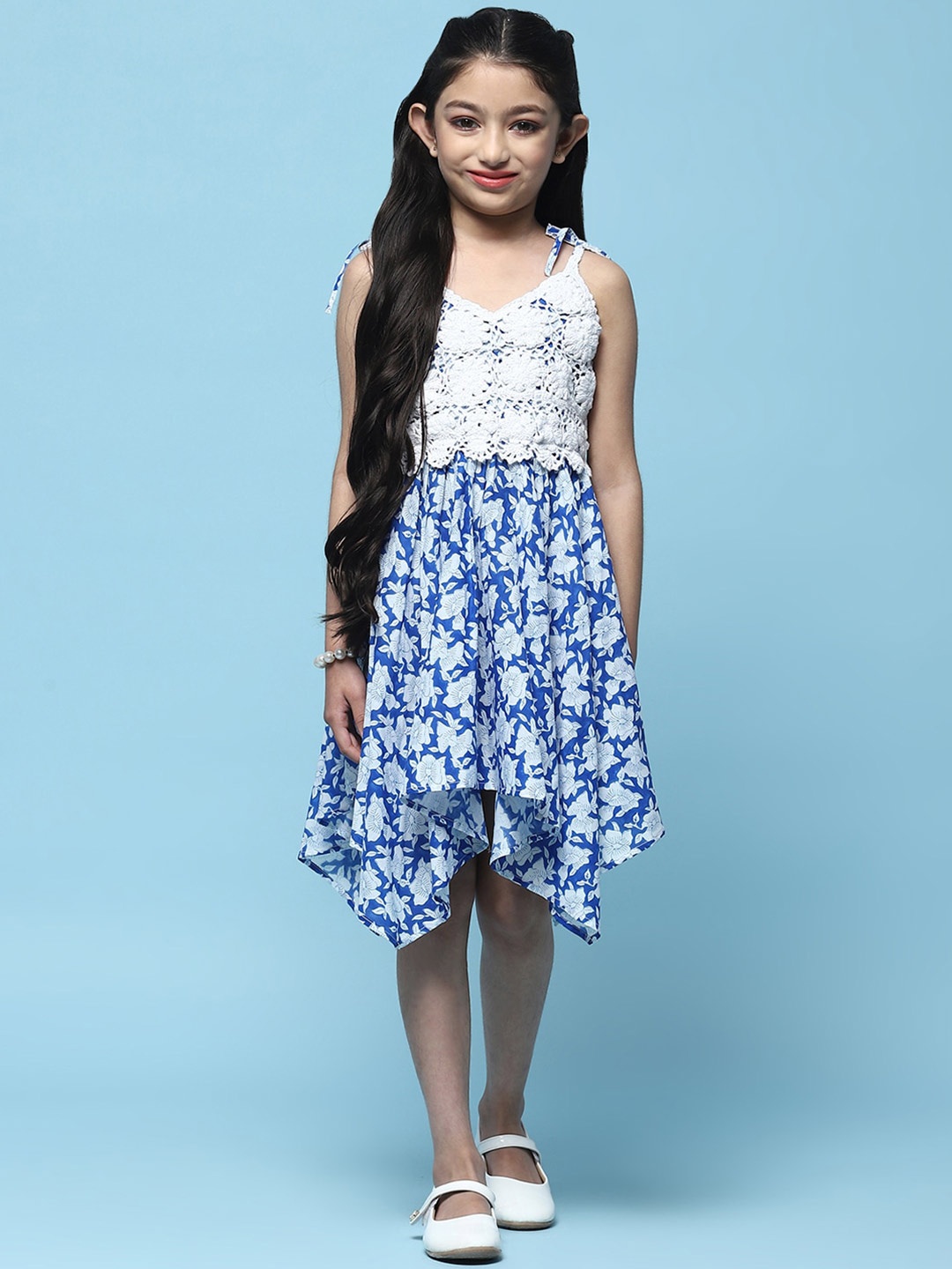 

Biba Girls Floral Print V-Neck Shoulder Straps Cotton Fit & Flare Dress, Blue