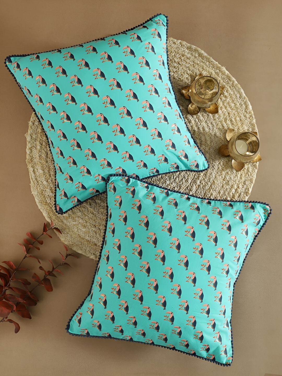 

Ratan Cart Blue & Pink 2 Pieces Bird Printed Square Cotton Cushion Covers