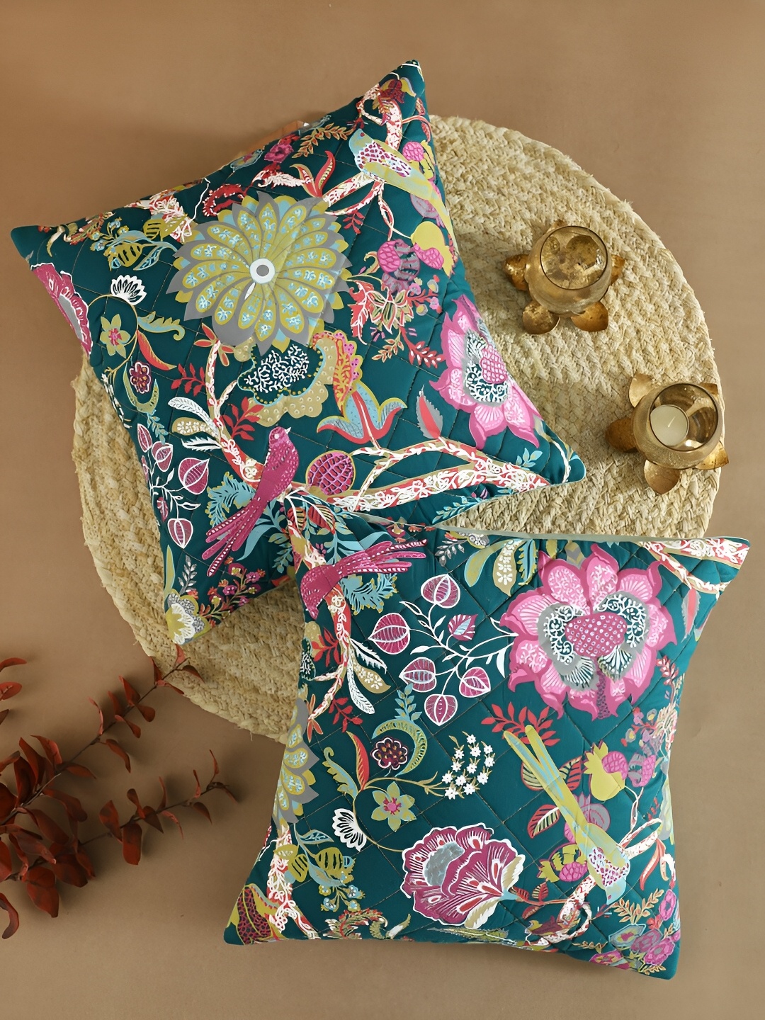

Ratan Cart Teal Green & White 2 Pieces Floral Square Cotton Cushion Covers
