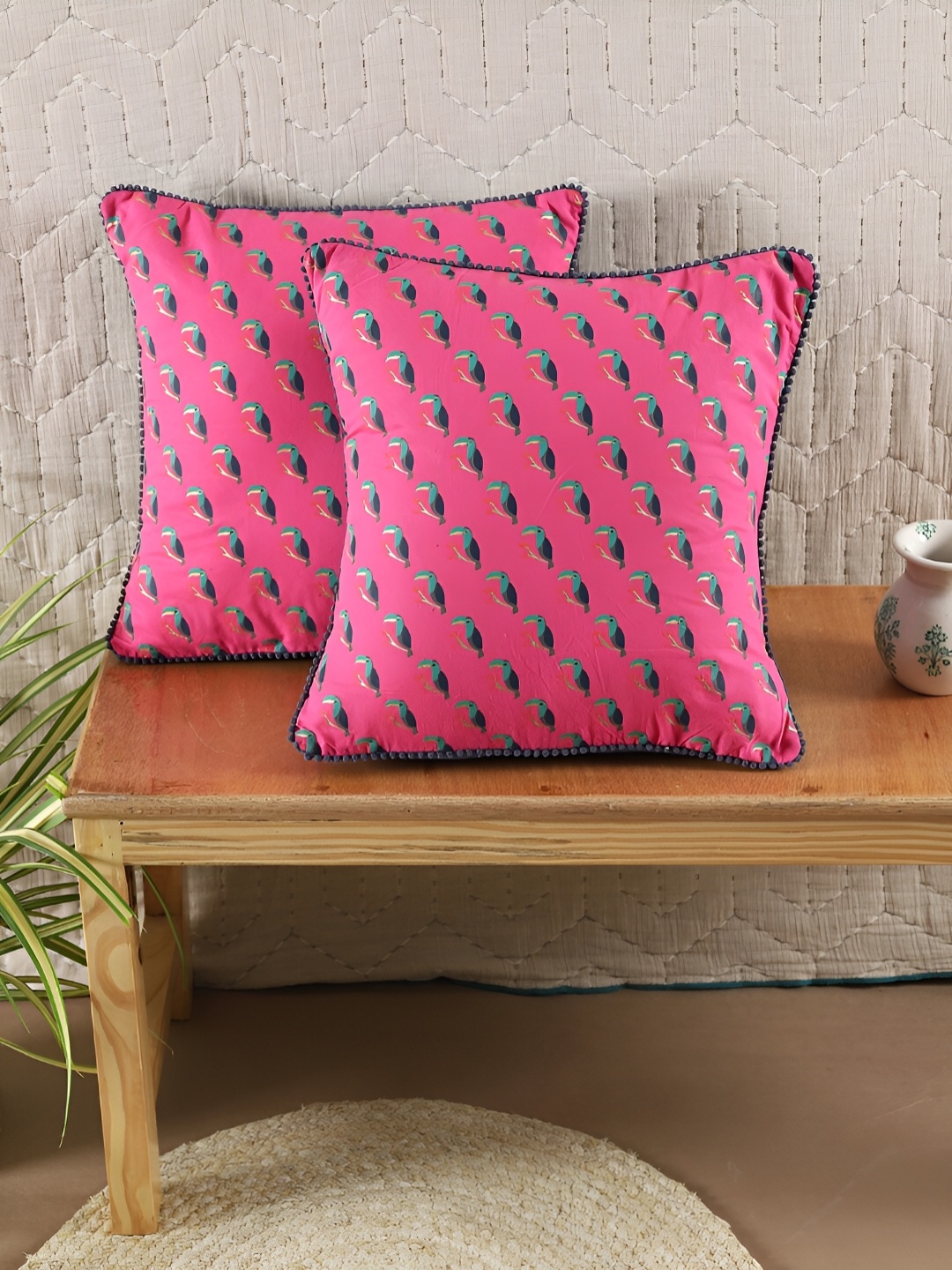 

Ratan Cart Pink & Blue 2 Pieces Bird Printed Square Cotton Cushion Covers