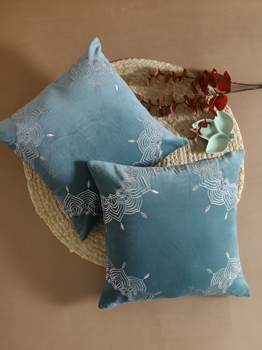 

TARAN LIVING Blue & Grey 2 Pieces Floral Square Cotton Cushion Covers