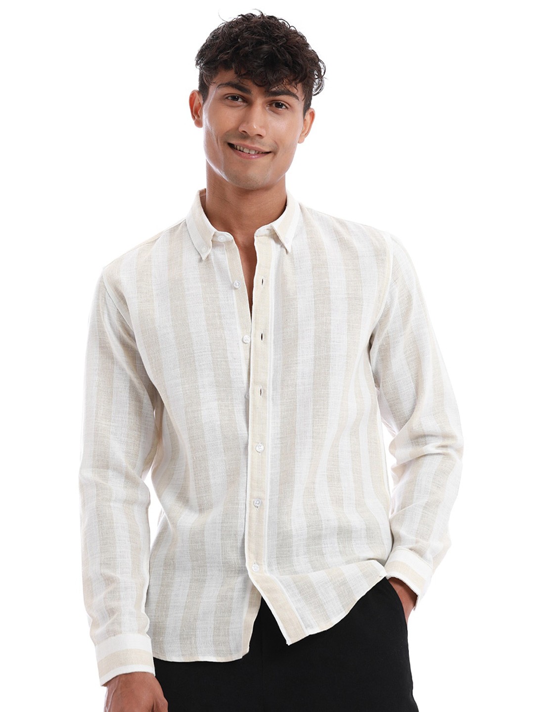 

Banana Club Striped Spread Collar Casual Shirt, Beige
