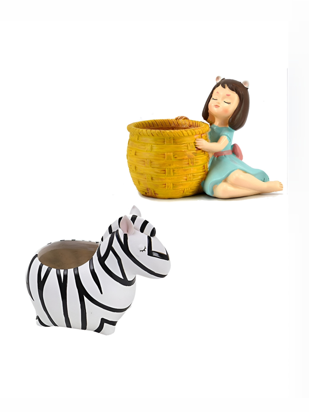 

WENS White & Orange Colored 2 Pcs Baby Girl & Mini Zebra Resin Succulent Flower Planters